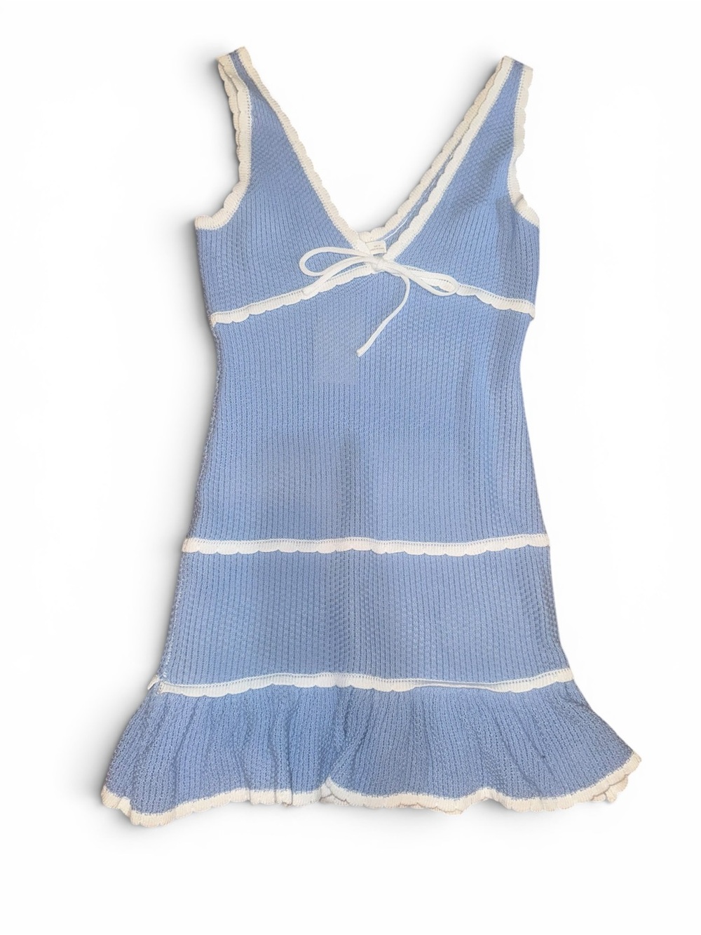 NWT Light Blue Summer Knit Mini Dress with White Trim Medium